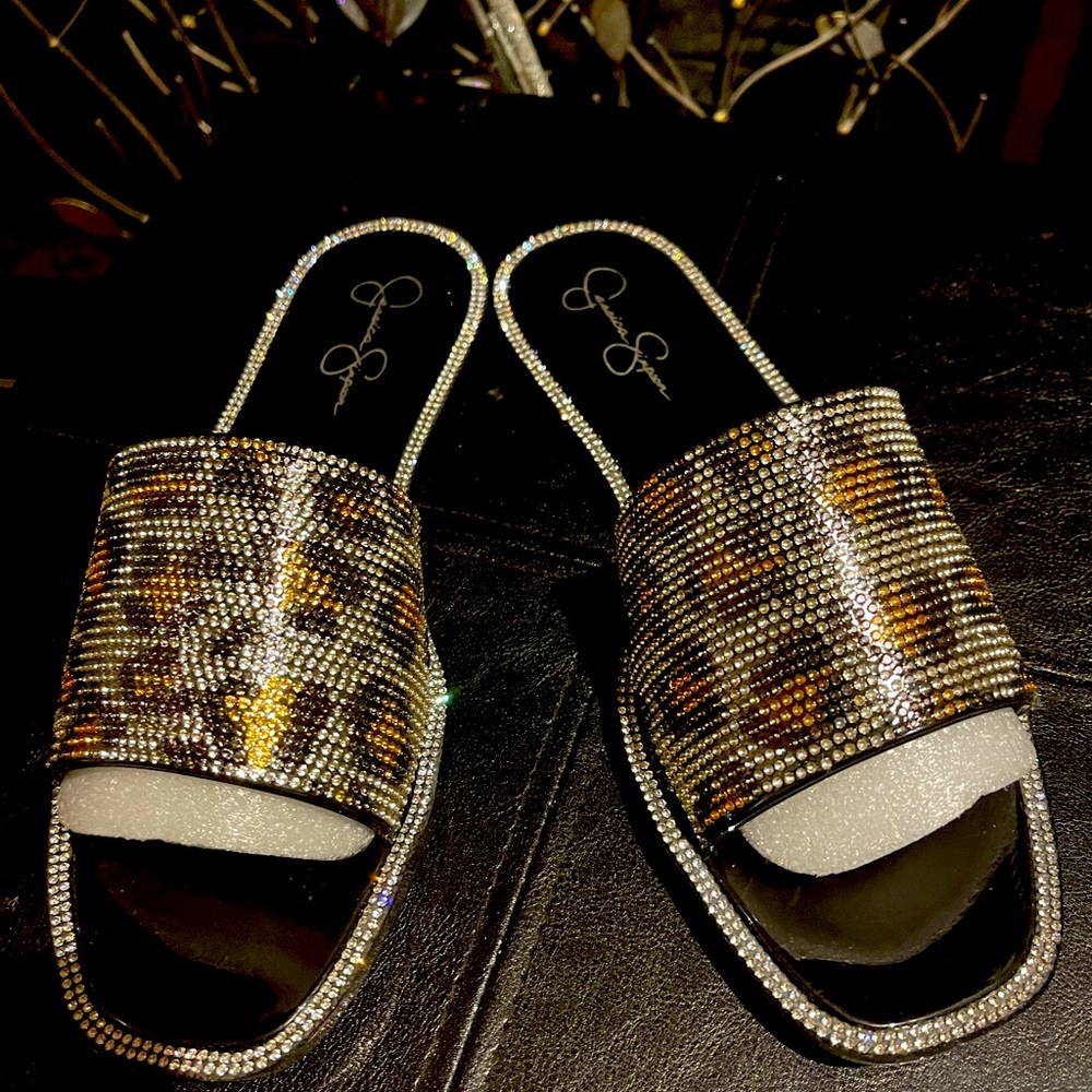 Jessica Simpson bling leopard flip/flop jelly bean sandals.